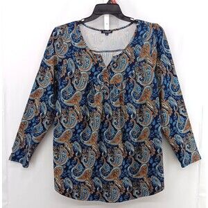 A Jesdani Shirt Womens Plus Size 1X Blue Multicolor Paisley Split V Neck Top
